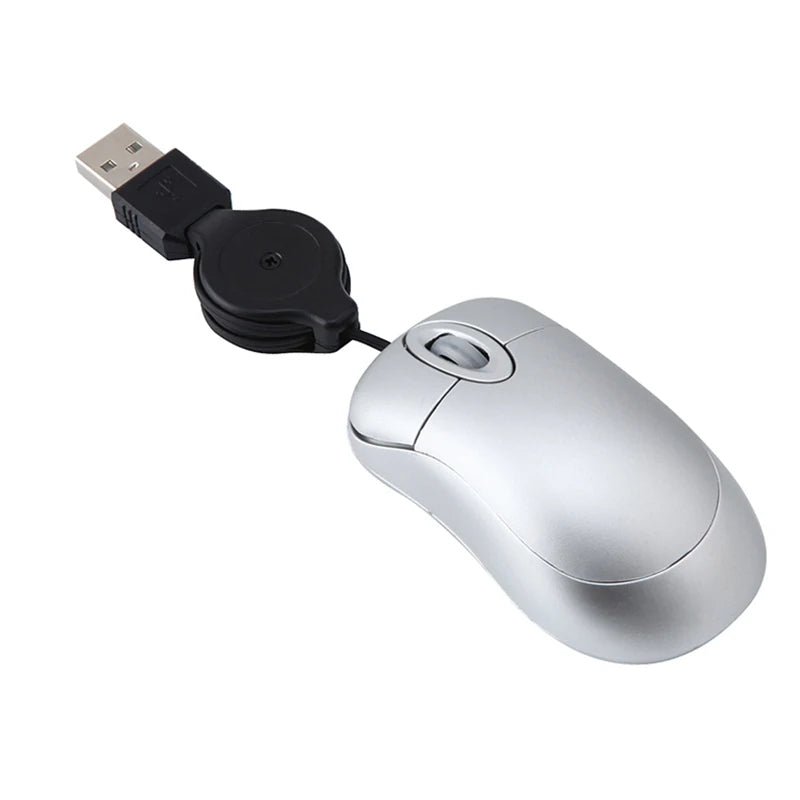 Mini USB Wired Mouse with Retractable Cable Tiny Compact Travel Mouse 1600 DPI Optical for Windows 98 2000 XP Vista Silver