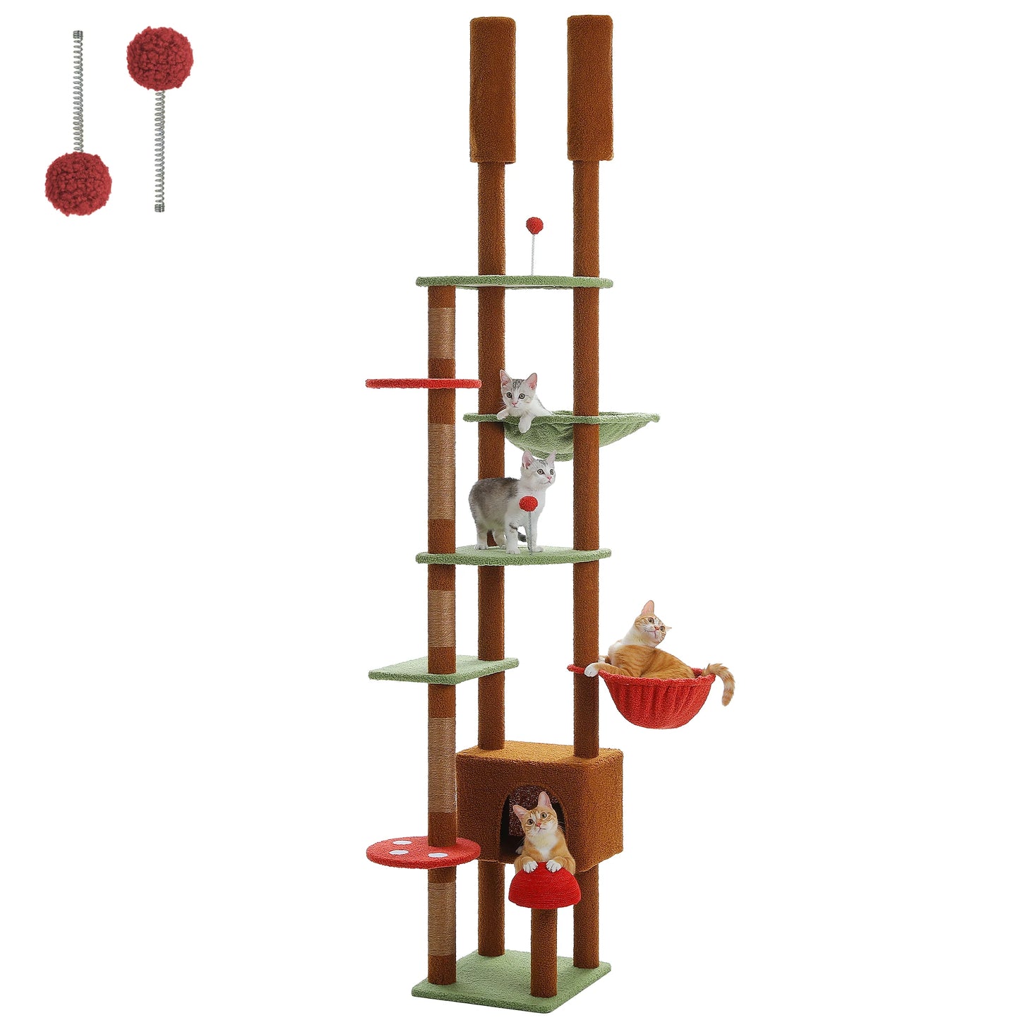 Adjustable Cat Tree 230-252cm Floor to Ceiling Cat Condo with Hanging Ball 5 Scratching Posts Hammock and Ample Resting Place for Cats