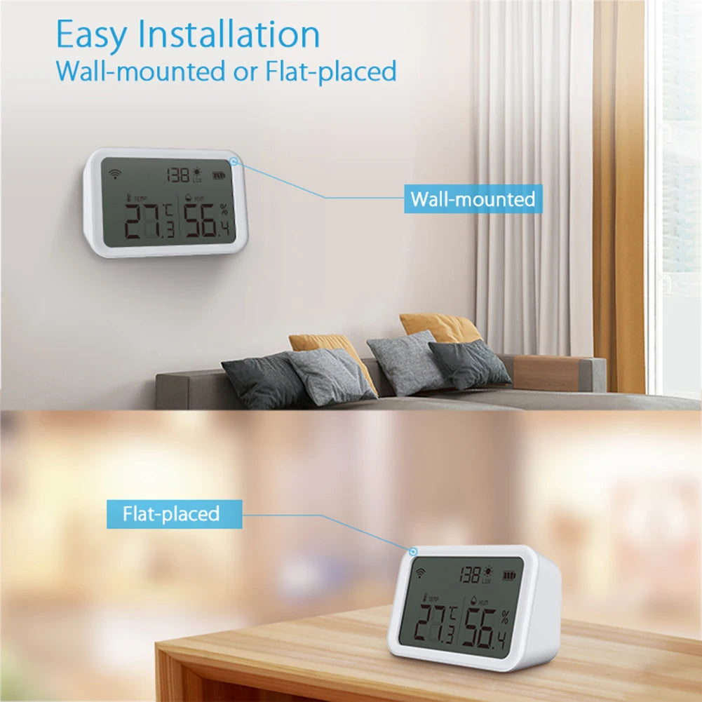 3 In 1 Wifi Temperature Humidity Brightness Sensor Alarm Illumination Sensors Battery Powered Large LCD Display for Smart Home