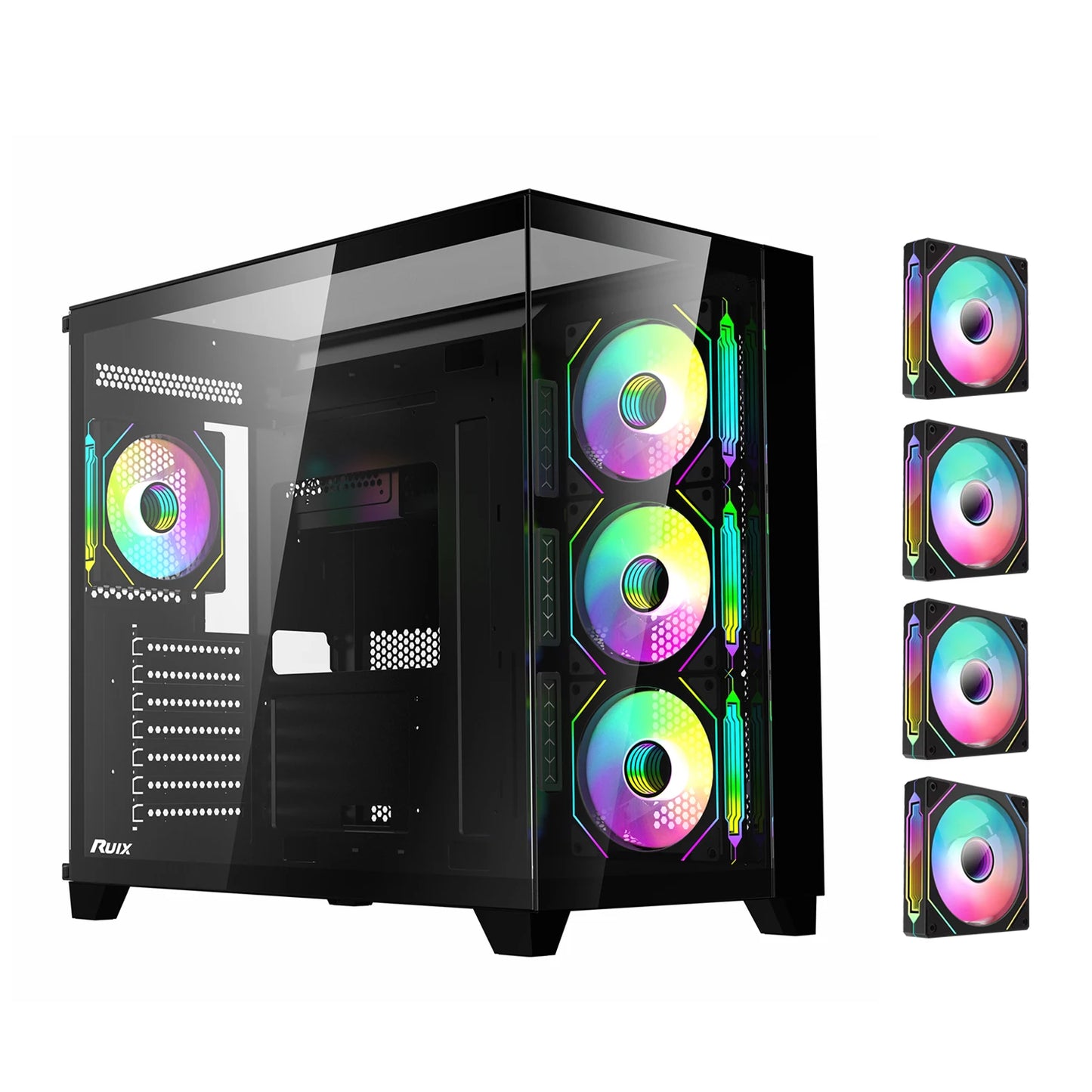 Ruix OV403 ATX Mid Tower PC Case with Pre Installed 4 120mm Prism ARGB PWM Fans and Graphics Card Holder Three Sided Tempered Glass