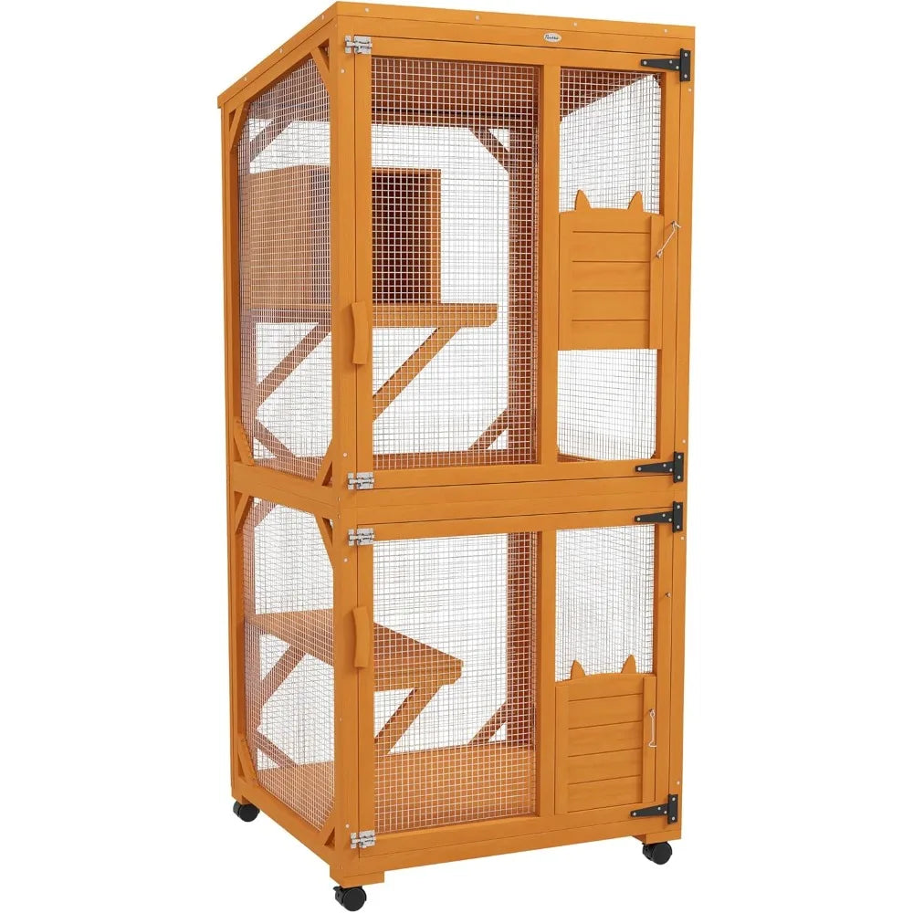 Wooden Catio with Waterproof Roof Large Cat House with High-Up Resting Box Indoor and Outdoor Cat Enclosure with Wheels