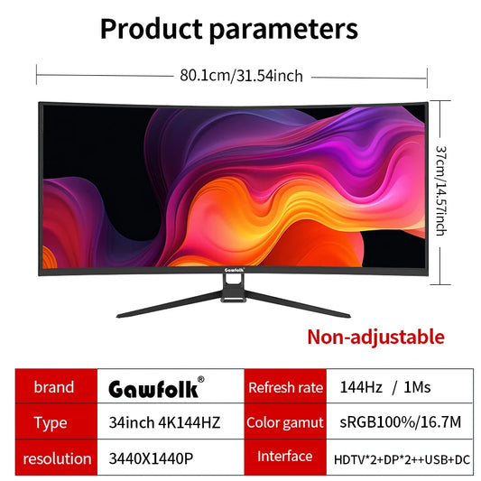 Gawfolk 34 Inch 144Hz Curved Gaming Monitor Bezel-less Slim 1500R HDR400 100 Percent sRGB Wide Color Gamut Fast VA Panel