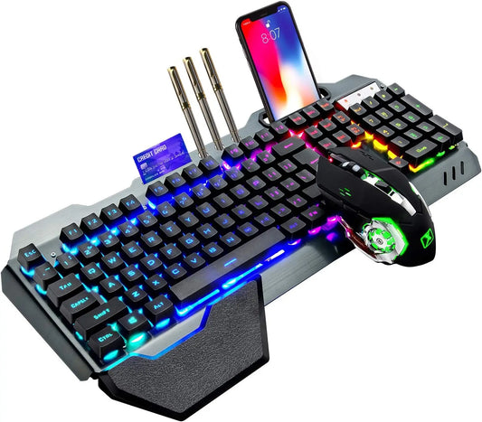 K680 Wireless Gaming Keyboard and Mouse Combo Rainbow LED Backlit Ergonomic Keyboard with Rechargeable 3800mAh Battery Metal Panel