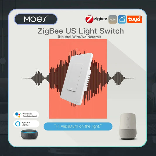MOES Tuya ZigBee Smart Light Switch US Push Button Wall Switch Compatible With Alexa Google Home Neutral Wire No Neutral Wire Required