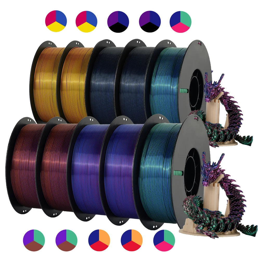 Tri Color Dual Color Silk Rainbow PLA Filament 1.75mm ±0.03mm Accuracy 3D Printer Filament Compatible with Most FDM Printers