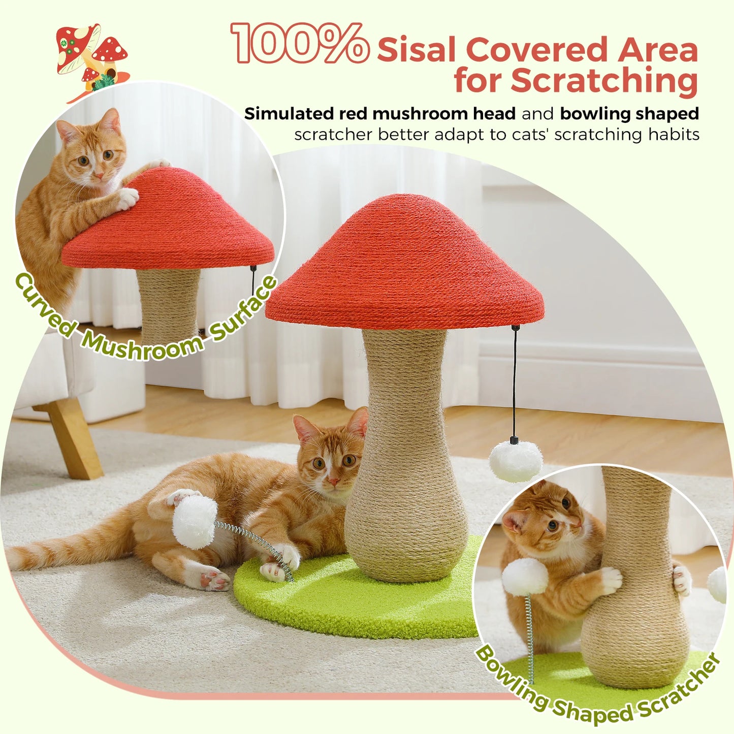 Mushroom Cat Scratching Post Cute Cat Scratcher with 100 Percent Sisal Covered Scratching Post and Pompoms Cat Toy