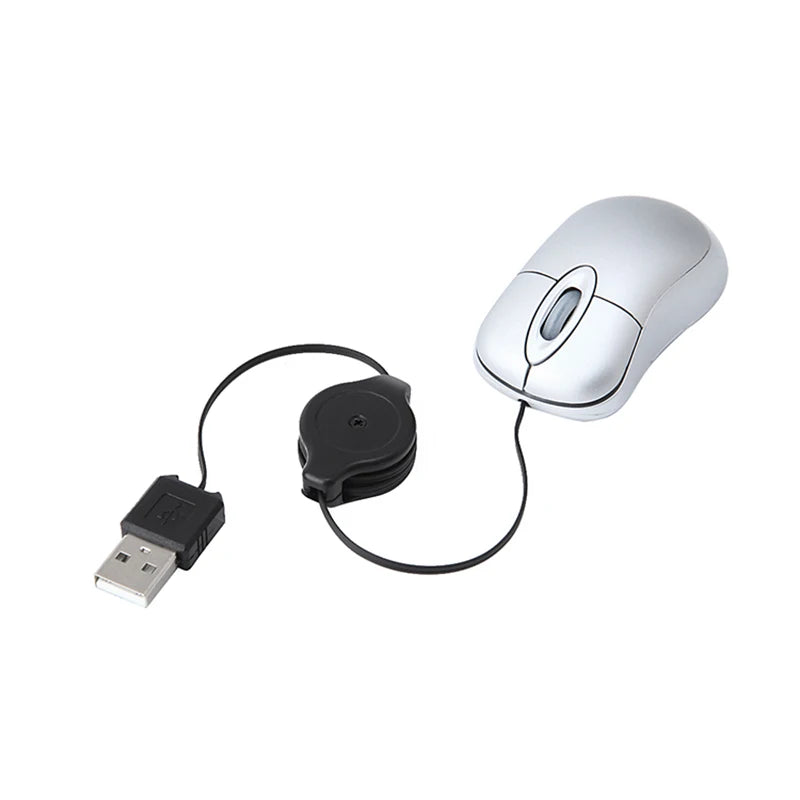 Mini USB Wired Mouse with Retractable Cable Tiny Compact Travel Mouse 1600 DPI Optical for Windows 98 2000 XP Vista Silver
