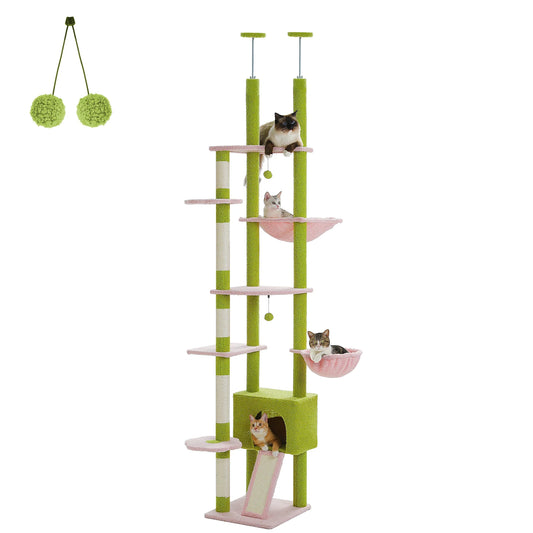 Adjustable Cat Tree 230-252cm Floor to Ceiling Cat Condo with Hanging Ball 5 Scratching Posts Hammock and Ample Resting Place for Cats