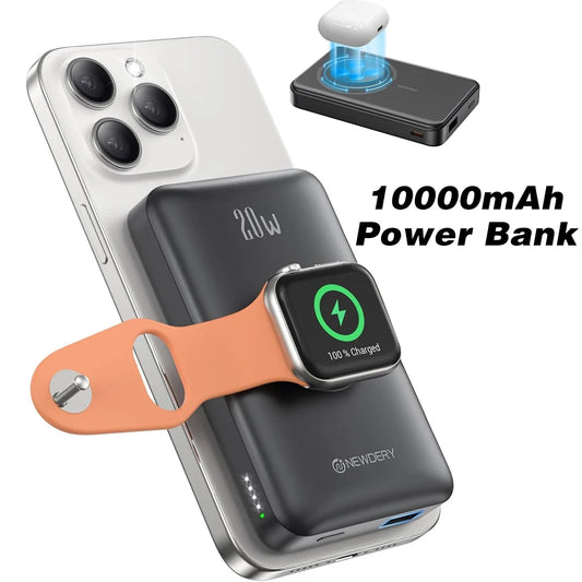Newdery 10000mAh Magnetic Wireless Power Bank for Apple Watch iPhone 16 15 Galaxy