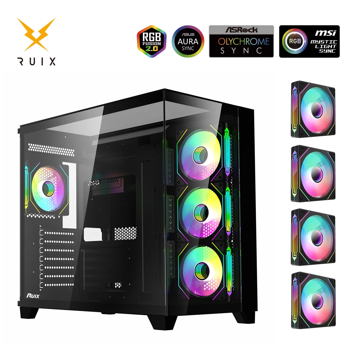 Ruix OV403 ATX Mid Tower PC Case with Pre Installed 4 120mm Prism ARGB PWM Fans and Graphics Card Holder Three Sided Tempered Glass