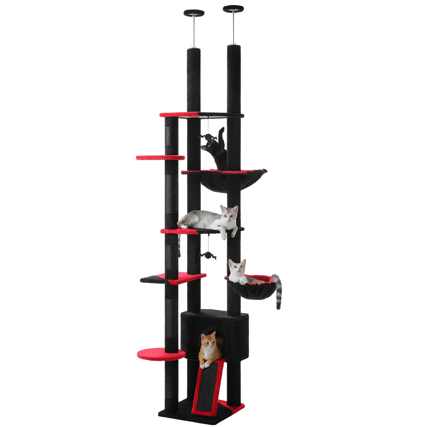 Adjustable Cat Tree 230-252cm Floor to Ceiling Cat Condo with Hanging Ball 5 Scratching Posts Hammock and Ample Resting Place for Cats