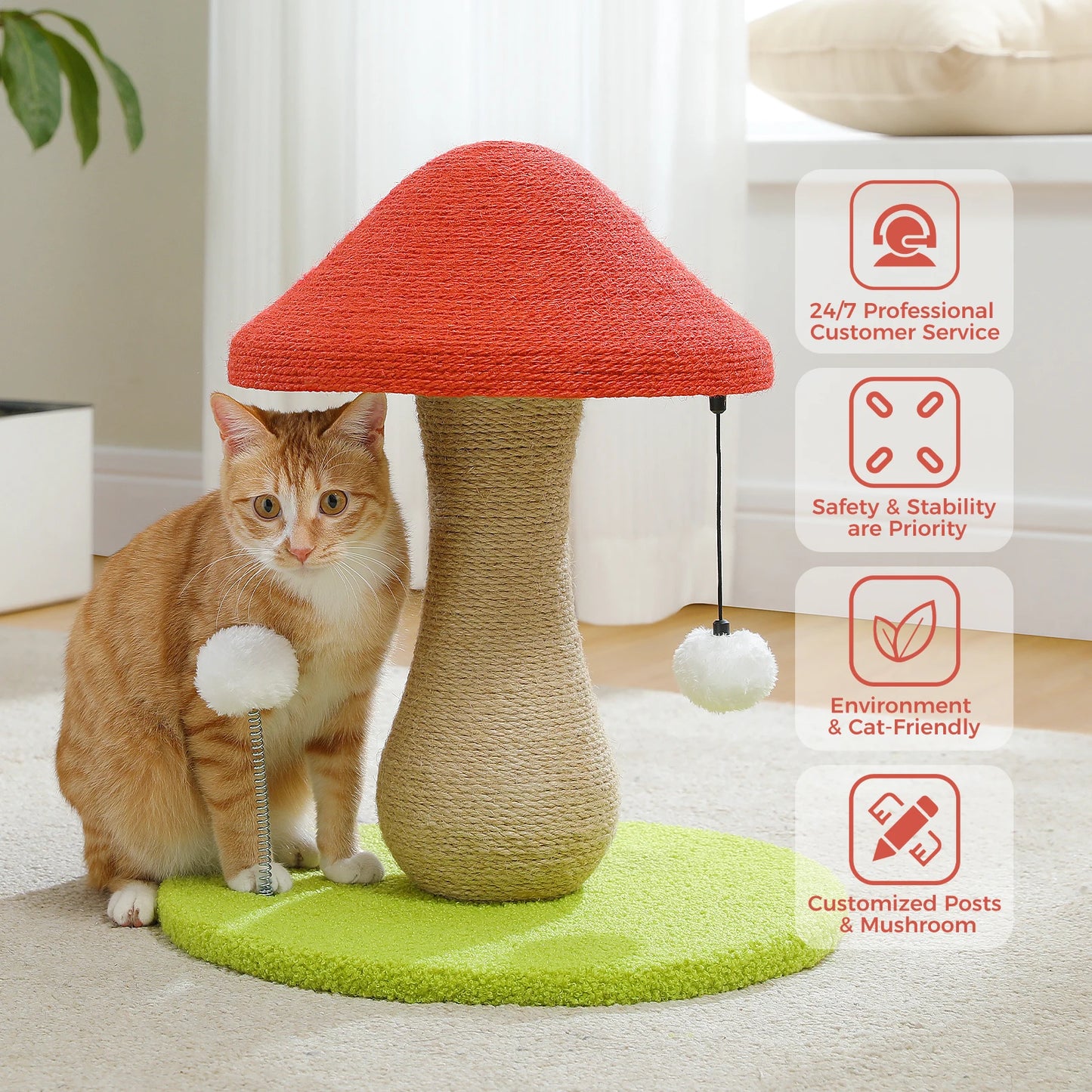Mushroom Cat Scratching Post Cute Cat Scratcher with 100 Percent Sisal Covered Scratching Post and Pompoms Cat Toy