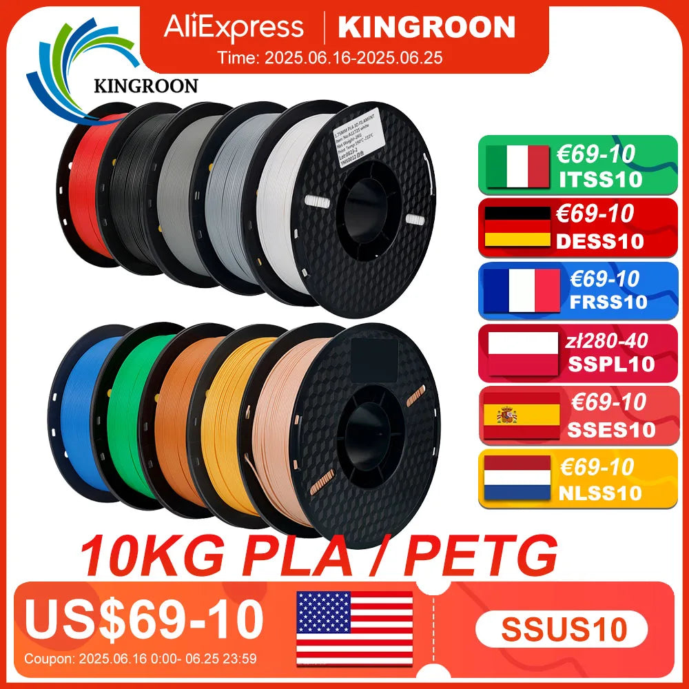 Kingroon 22 Pounds PETG PLA Filament 3D Printer Filament 10 Rolls 1 Kilogram 1.75 Millimeter Eco Friendly Good Toughness Mix Color Free Shipping