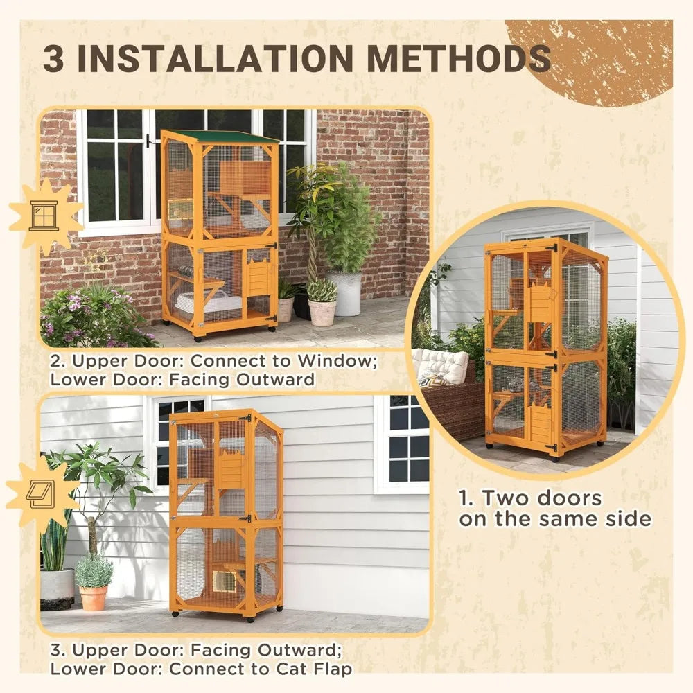 Wooden Catio With Waterproof Roof Large Cat House With High-Up Resting Box Indoor And Outdoor Cat Enclosure With Wheels