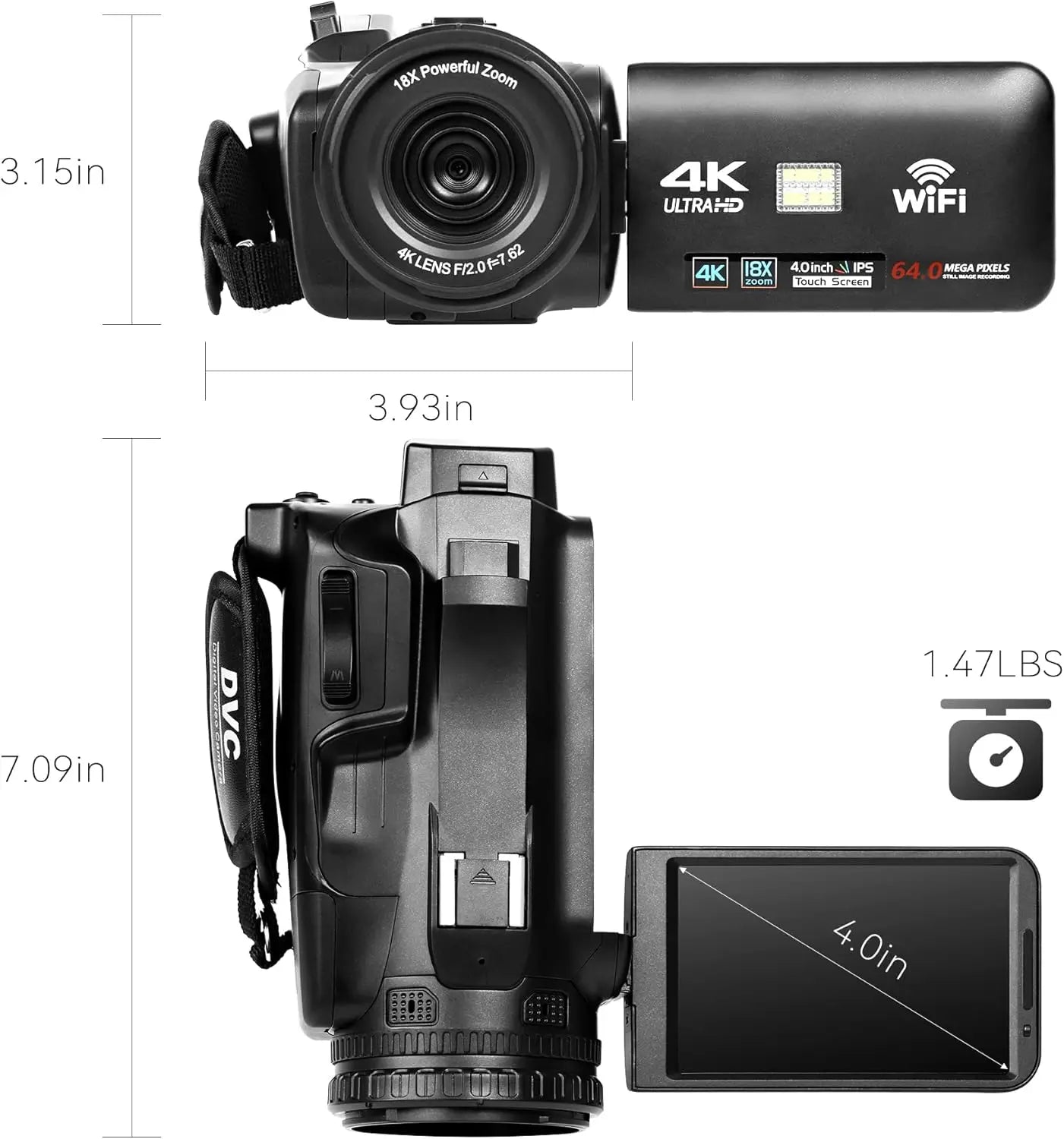 UHD 4K Video Camera Camcorder with 18X Digital Zoom 64MP Digital Camera Recorder 4.0 Inch Rotating Touchscreen 64GB SD Card