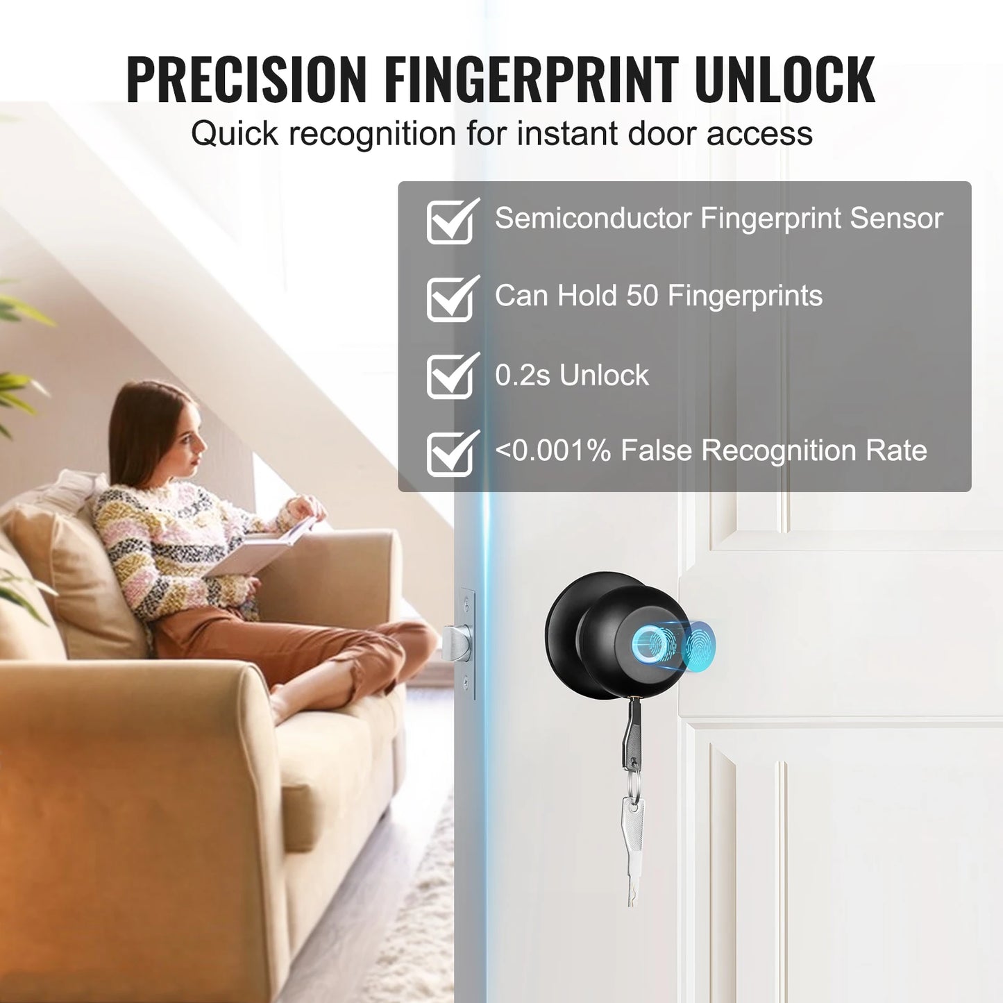 VEVOR Smart Door Knob Biometric Bluetooth Smart Lock Fingerprint App Control Easy Installation