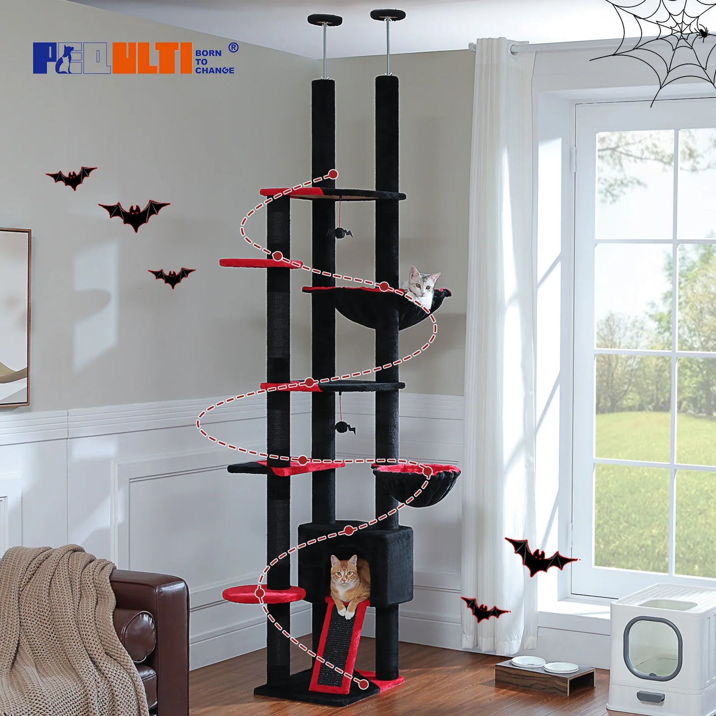 Adjustable Cat Tree 230-252cm Floor to Ceiling Cat Condo with Hanging Ball 5 Scratching Posts Hammock and Ample Resting Place for Cats