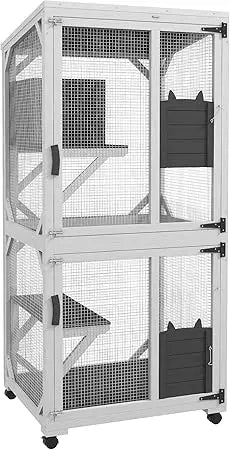 Wooden Catio with Waterproof Roof Large Cat House with High-Up Resting Box Indoor and Outdoor Cat Enclosure with Wheels