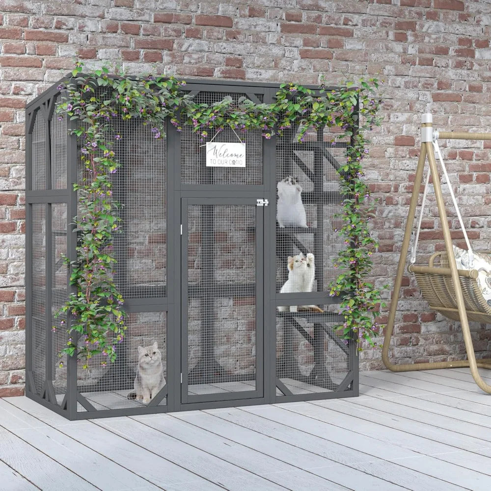 Outdoor Wooden Cat House Catio Large Cat Enclosure with 6 Platforms Waterproof Roof Secure Mesh Walls and Locking Door Feral Cat Shelter
