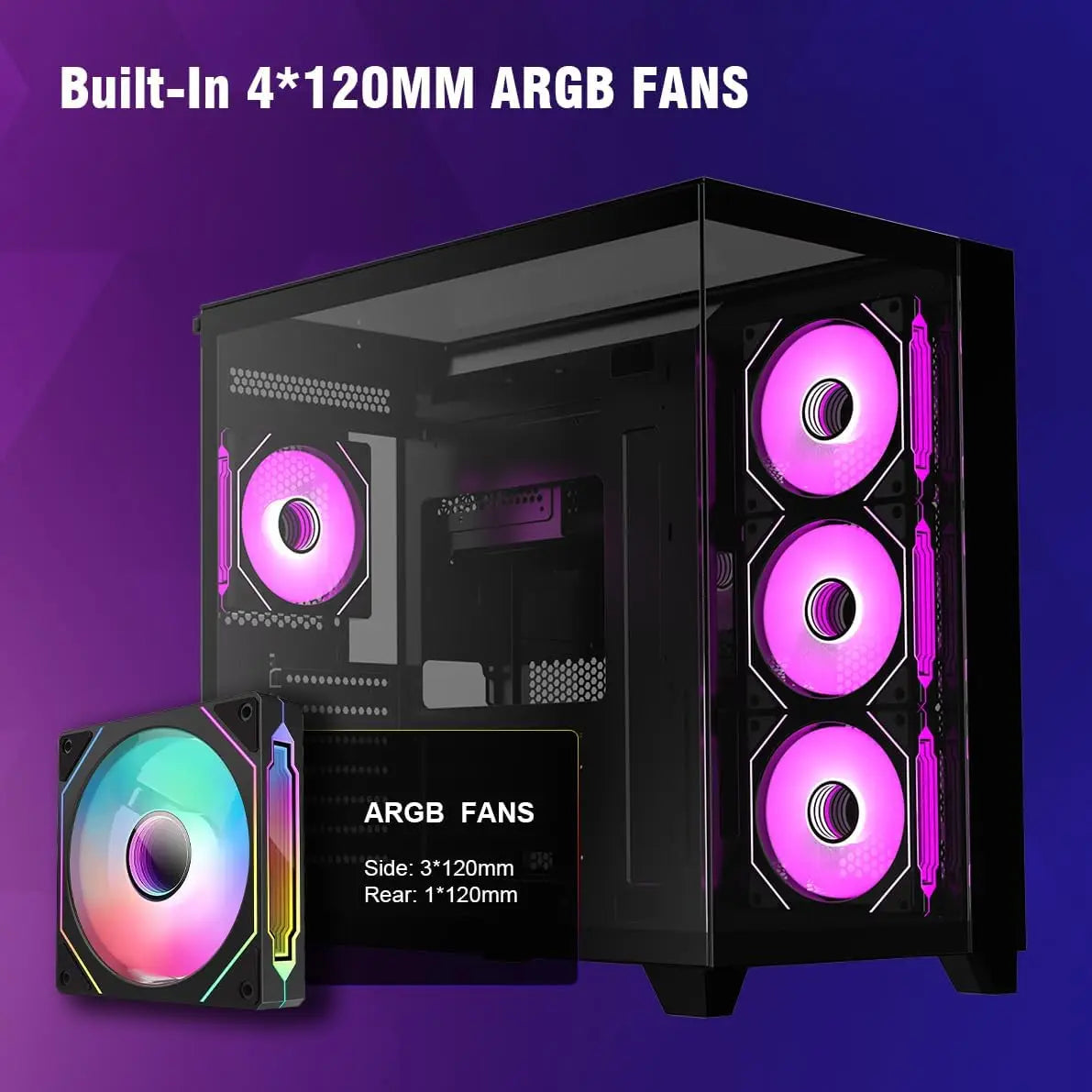 Ruix OV403 ATX Mid Tower PC Case with Pre Installed 4 120mm Prism ARGB PWM Fans and Graphics Card Holder Three Sided Tempered Glass