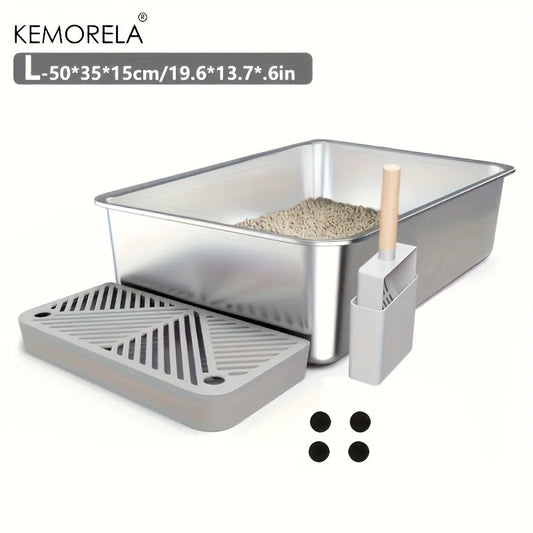 6 Inch Stainless Steel Cat Litter Box with Scoop Pedal Extra Large High Sided Rectangular Design Non Stick Easy Clean