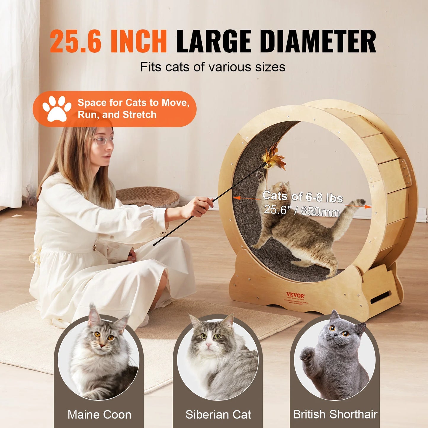 Vevor Cat Exercise Wheel Natural Wood Silent Running Treadmill Roller Wheel with Detachable Carpet for Most Cats