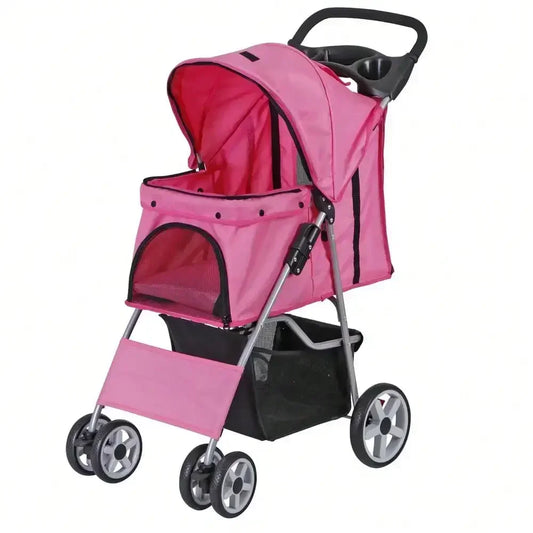 Foldable Carrier Strolling Cart 4 Wheel Pet Stroller for Cats and Dogs with Cup Holder