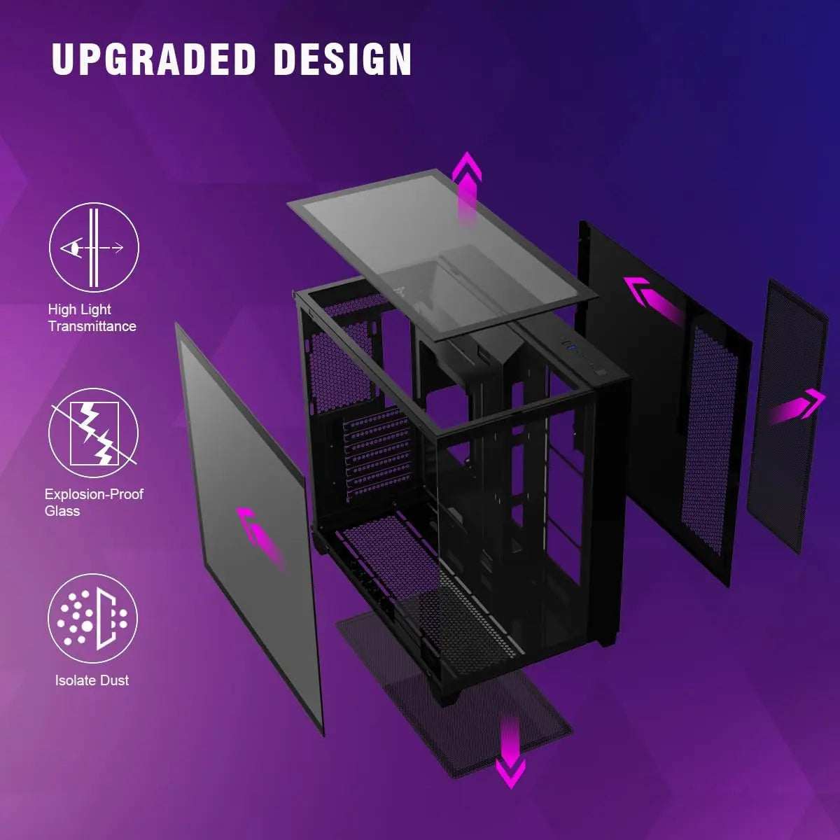 Ruix OV403 ATX Mid Tower PC Case with Pre Installed 4 120mm Prism ARGB PWM Fans and Graphics Card Holder Three Sided Tempered Glass